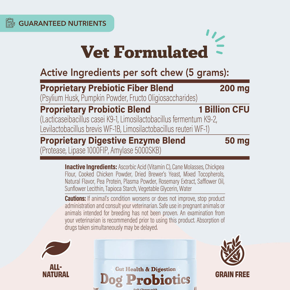 Dog probiotic supplement label detailing ingredients and formulation.