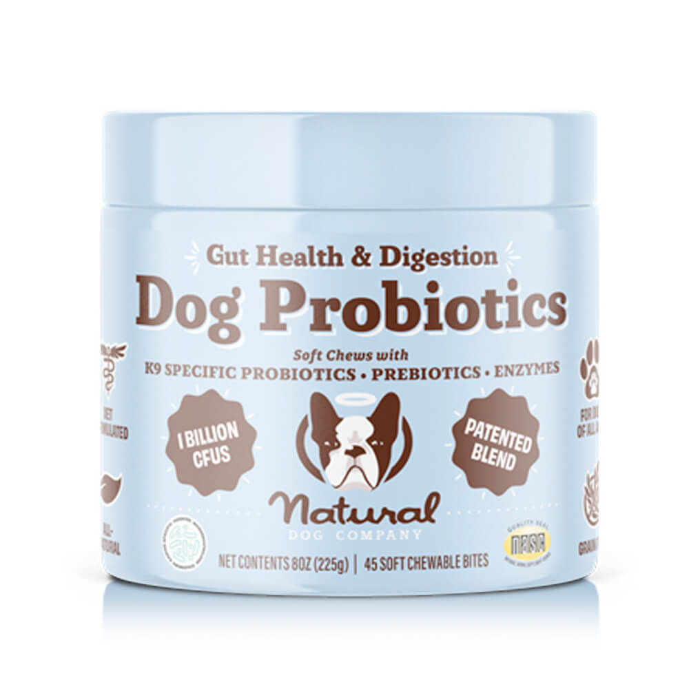 Container of dog probiotics soft chews for gut health and digestion.